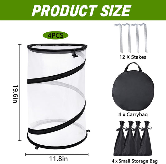 4 Pcs Pop Up Insect Barrier Plant Cover Net, 19.6" x 11.8" Round Foldable Plant Protectors Mesh Plant Enclosure, Garden Net Cage Guard Cover with Stakes & Carry Bag for Protect Plants from Bird Insect
