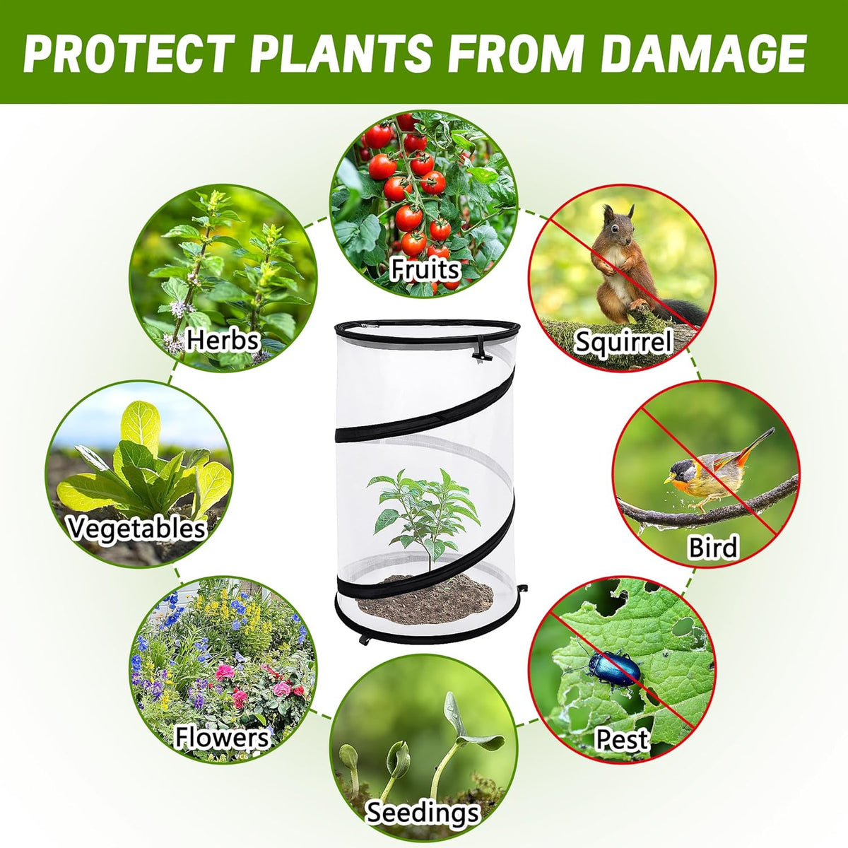 4 Pcs Pop Up Insect Barrier Plant Cover Net, 19.6" x 11.8" Round Foldable Plant Protectors Mesh Plant Enclosure, Garden Net Cage Guard Cover with Stakes & Carry Bag for Protect Plants from Bird Insect