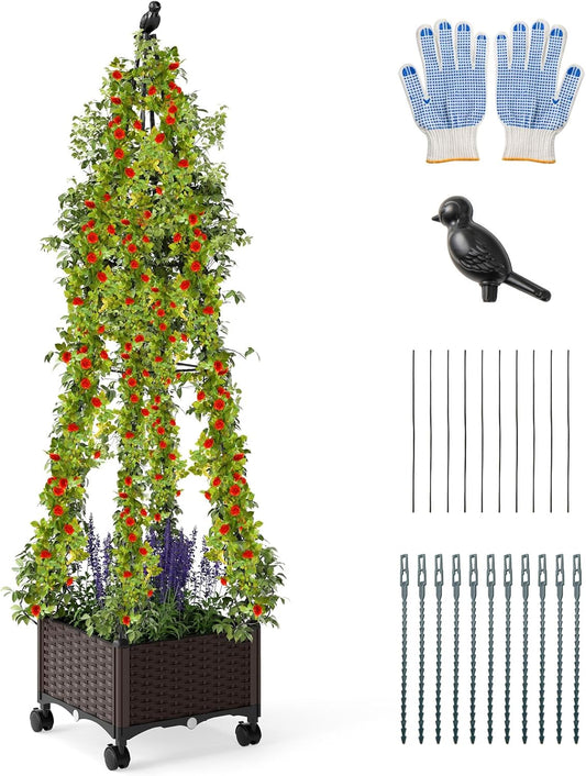71" Garden Trellis for Climbing Plants, Self-Watering Raised Garden Bed w/Obelisk Trellis, Lockable Wheels, Adjustable Height, Indoor Outdoor Vertical Planter Box for Flower, Vine (1)