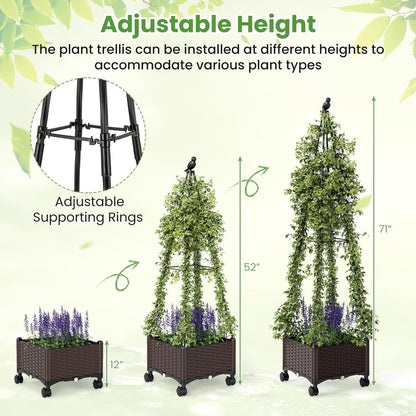 71" Garden Trellis for Climbing Plants, Self-Watering Raised Garden Bed w/Obelisk Trellis, Lockable Wheels, Adjustable Height, Indoor Outdoor Vertical Planter Box for Flower, Vine (1)
