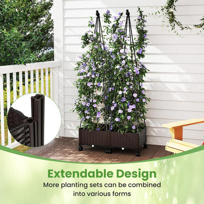 71" Garden Trellis for Climbing Plants, Self-Watering Raised Garden Bed w/Obelisk Trellis, Lockable Wheels, Adjustable Height, Indoor Outdoor Vertical Planter Box for Flower, Vine (1)