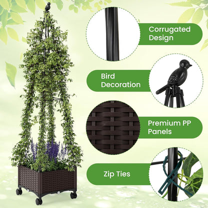 71" Garden Trellis for Climbing Plants, Self-Watering Raised Garden Bed w/Obelisk Trellis, Lockable Wheels, Adjustable Height, Indoor Outdoor Vertical Planter Box for Flower, Vine (1)
