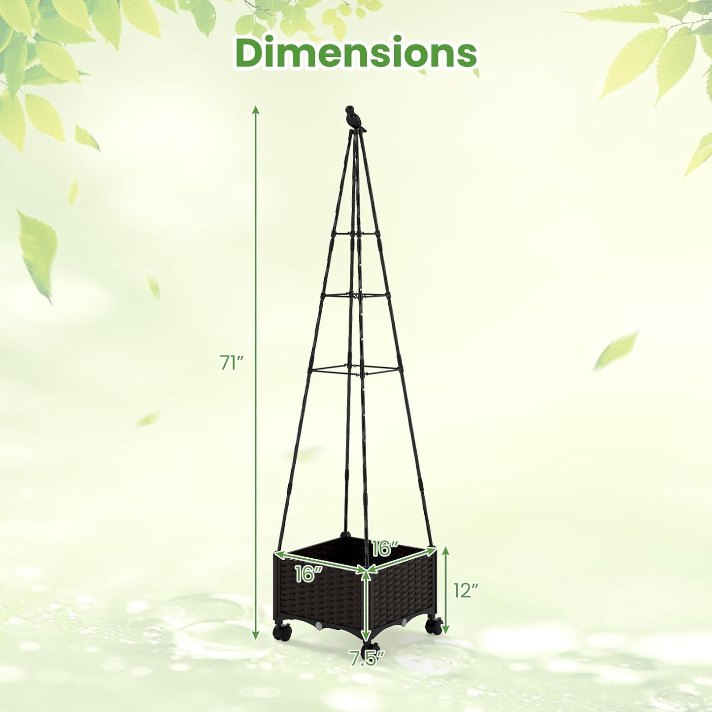 71" Garden Trellis for Climbing Plants, Self-Watering Raised Garden Bed w/Obelisk Trellis, Lockable Wheels, Adjustable Height, Indoor Outdoor Vertical Planter Box for Flower, Vine (1)