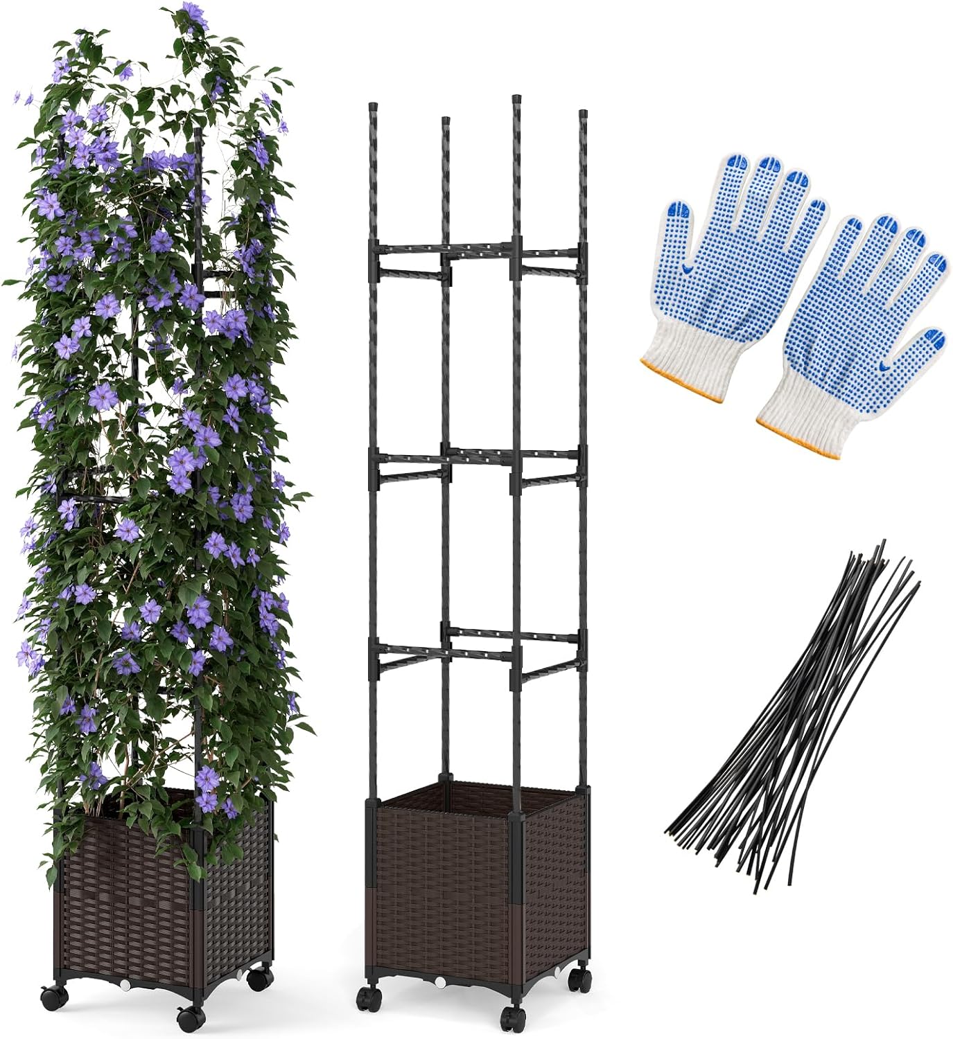 71" Garden Trellis for Climbing Plants, Self-Watering Raised Garden Bed w/Obelisk Trellis, Lockable Wheels, Adjustable Height, Indoor Outdoor Vertical Planter Box for Flower, Vine (1)