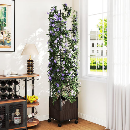 71" Garden Trellis for Climbing Plants, Self-Watering Raised Garden Bed w/Obelisk Trellis, Lockable Wheels, Adjustable Height, Indoor Outdoor Vertical Planter Box for Flower, Vine (1)