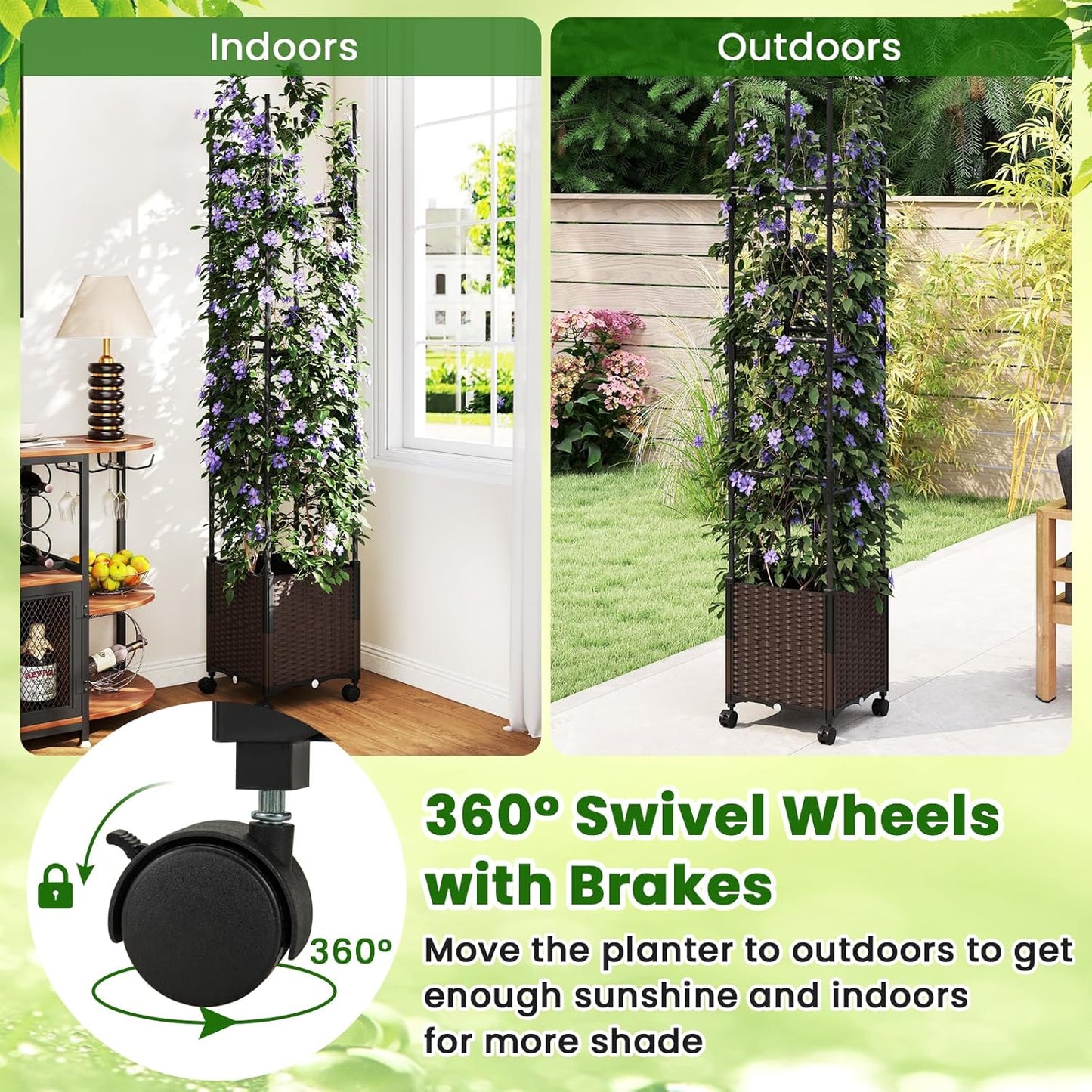 71" Garden Trellis for Climbing Plants, Self-Watering Raised Garden Bed w/Obelisk Trellis, Lockable Wheels, Adjustable Height, Indoor Outdoor Vertical Planter Box for Flower, Vine (1)