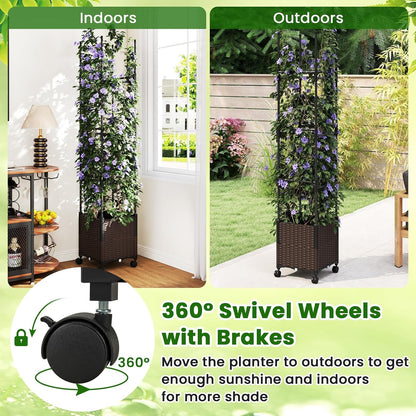 71" Garden Trellis for Climbing Plants, Self-Watering Raised Garden Bed w/Obelisk Trellis, Lockable Wheels, Adjustable Height, Indoor Outdoor Vertical Planter Box for Flower, Vine (1)