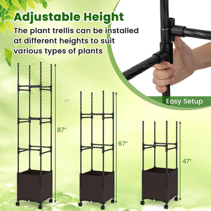 71" Garden Trellis for Climbing Plants, Self-Watering Raised Garden Bed w/Obelisk Trellis, Lockable Wheels, Adjustable Height, Indoor Outdoor Vertical Planter Box for Flower, Vine (1)