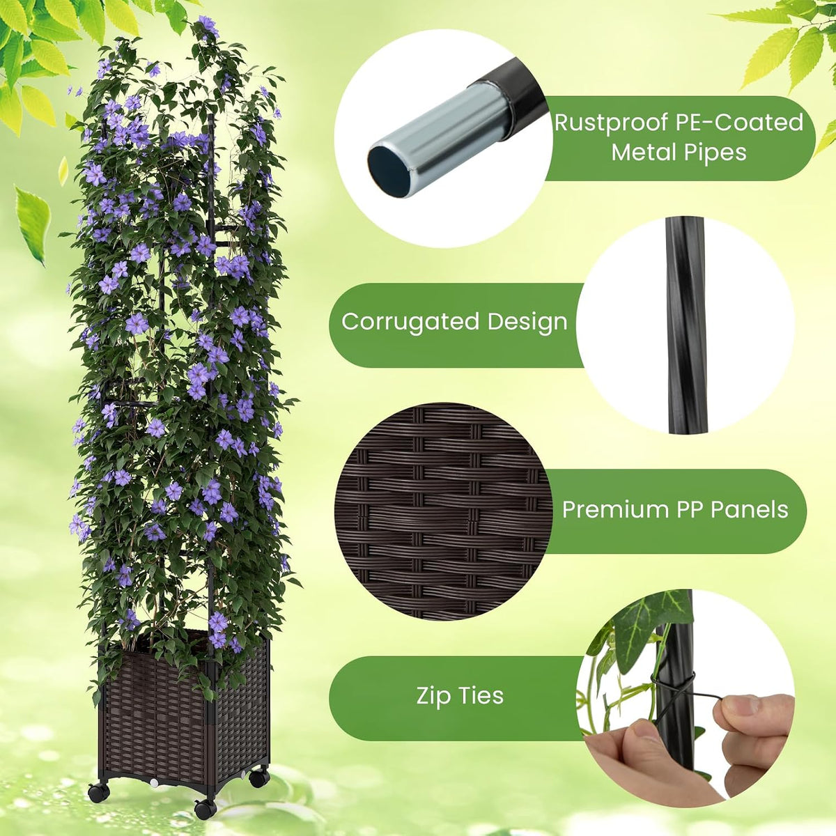 71" Garden Trellis for Climbing Plants, Self-Watering Raised Garden Bed w/Obelisk Trellis, Lockable Wheels, Adjustable Height, Indoor Outdoor Vertical Planter Box for Flower, Vine (1)