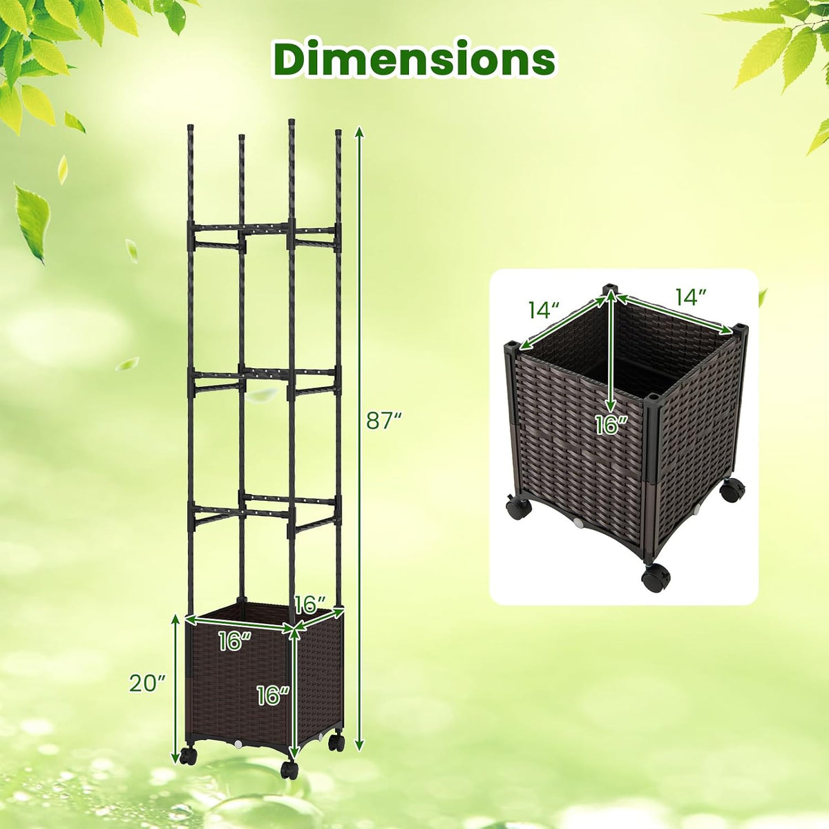 71" Garden Trellis for Climbing Plants, Self-Watering Raised Garden Bed w/Obelisk Trellis, Lockable Wheels, Adjustable Height, Indoor Outdoor Vertical Planter Box for Flower, Vine (1)