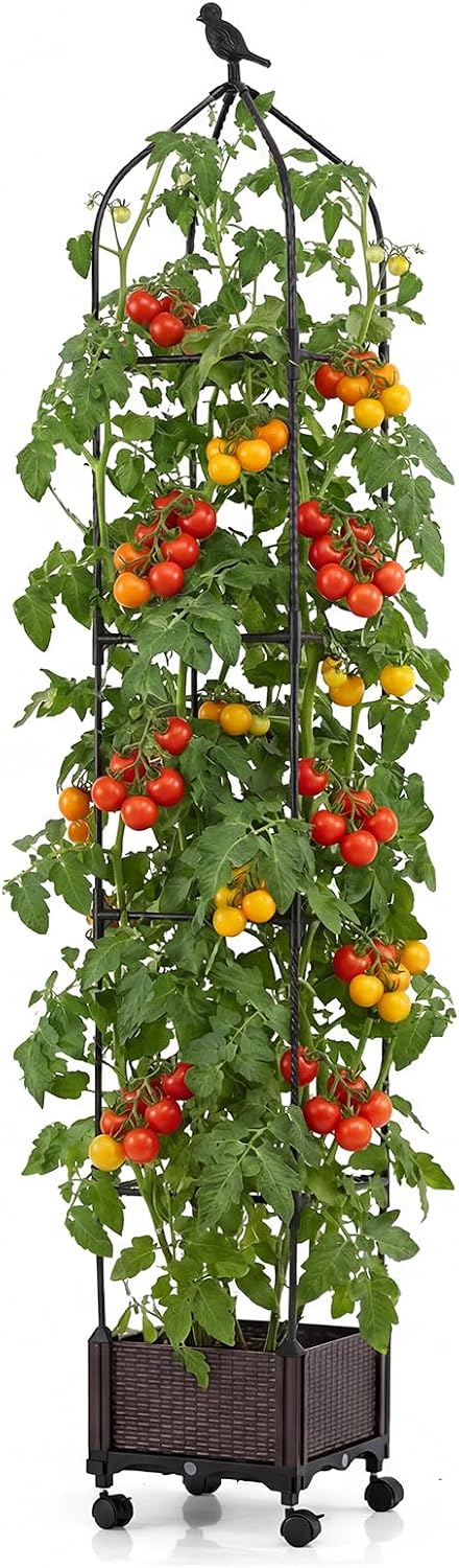 71" Garden Trellis for Climbing Plants, Self-Watering Raised Garden Bed w/Obelisk Trellis, Lockable Wheels, Adjustable Height, Indoor Outdoor Vertical Planter Box for Flower, Vine (1)