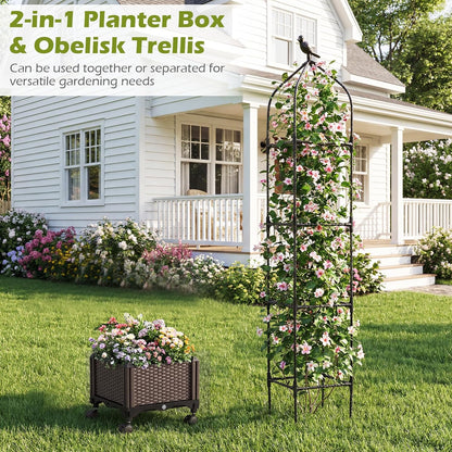 71" Garden Trellis for Climbing Plants, Self-Watering Raised Garden Bed w/Obelisk Trellis, Lockable Wheels, Adjustable Height, Indoor Outdoor Vertical Planter Box for Flower, Vine (1)