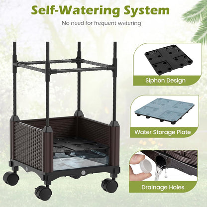71" Garden Trellis for Climbing Plants, Self-Watering Raised Garden Bed w/Obelisk Trellis, Lockable Wheels, Adjustable Height, Indoor Outdoor Vertical Planter Box for Flower, Vine (1)