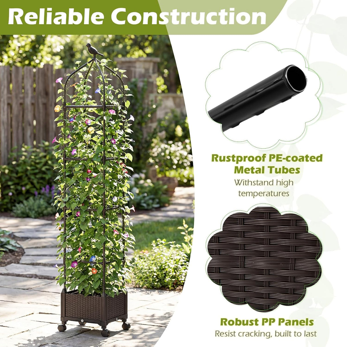 71" Garden Trellis for Climbing Plants, Self-Watering Raised Garden Bed w/Obelisk Trellis, Lockable Wheels, Adjustable Height, Indoor Outdoor Vertical Planter Box for Flower, Vine (1)