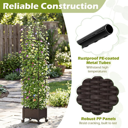71" Garden Trellis for Climbing Plants, Self-Watering Raised Garden Bed w/Obelisk Trellis, Lockable Wheels, Adjustable Height, Indoor Outdoor Vertical Planter Box for Flower, Vine (1)