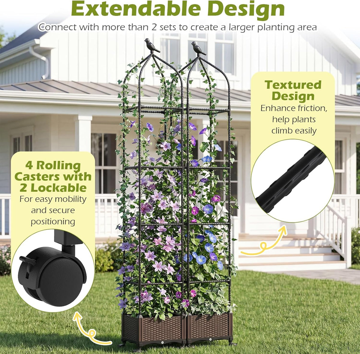 71" Garden Trellis for Climbing Plants, Self-Watering Raised Garden Bed w/Obelisk Trellis, Lockable Wheels, Adjustable Height, Indoor Outdoor Vertical Planter Box for Flower, Vine (1)