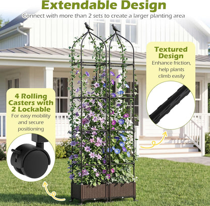 71" Garden Trellis for Climbing Plants, Self-Watering Raised Garden Bed w/Obelisk Trellis, Lockable Wheels, Adjustable Height, Indoor Outdoor Vertical Planter Box for Flower, Vine (1)