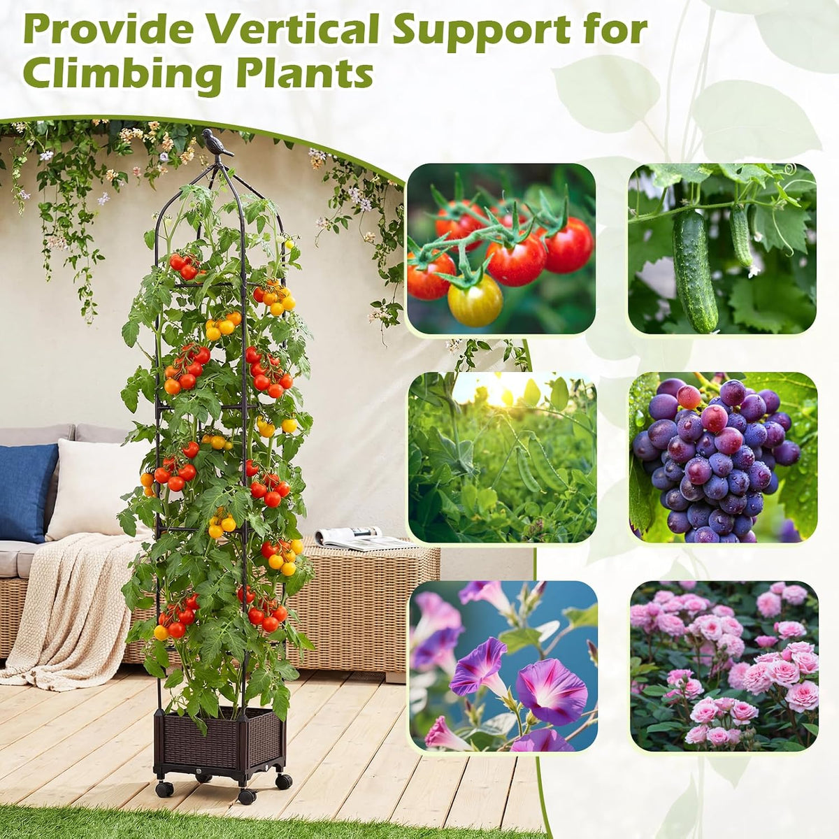 71" Garden Trellis for Climbing Plants, Self-Watering Raised Garden Bed w/Obelisk Trellis, Lockable Wheels, Adjustable Height, Indoor Outdoor Vertical Planter Box for Flower, Vine (1)