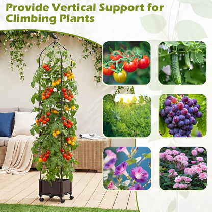 71" Garden Trellis for Climbing Plants, Self-Watering Raised Garden Bed w/Obelisk Trellis, Lockable Wheels, Adjustable Height, Indoor Outdoor Vertical Planter Box for Flower, Vine (1)