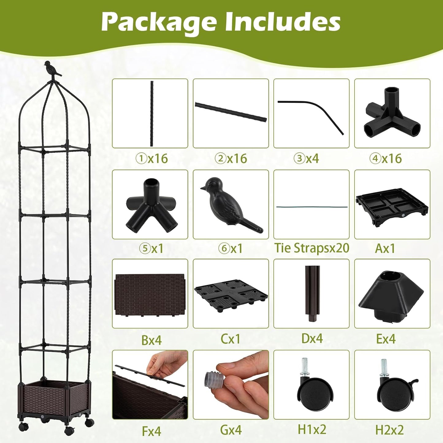 71" Garden Trellis for Climbing Plants, Self-Watering Raised Garden Bed w/Obelisk Trellis, Lockable Wheels, Adjustable Height, Indoor Outdoor Vertical Planter Box for Flower, Vine (1)