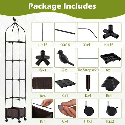 71" Garden Trellis for Climbing Plants, Self-Watering Raised Garden Bed w/Obelisk Trellis, Lockable Wheels, Adjustable Height, Indoor Outdoor Vertical Planter Box for Flower, Vine (1)