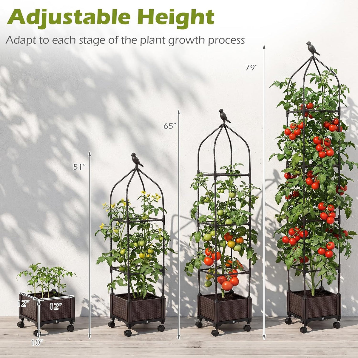 71" Garden Trellis for Climbing Plants, Self-Watering Raised Garden Bed w/Obelisk Trellis, Lockable Wheels, Adjustable Height, Indoor Outdoor Vertical Planter Box for Flower, Vine (1)