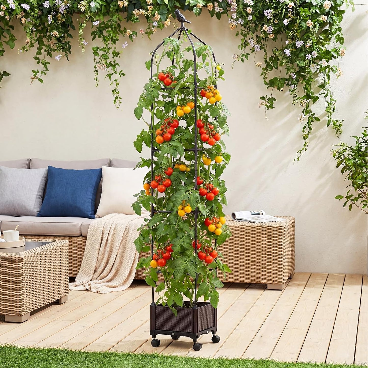71" Garden Trellis for Climbing Plants, Self-Watering Raised Garden Bed w/Obelisk Trellis, Lockable Wheels, Adjustable Height, Indoor Outdoor Vertical Planter Box for Flower, Vine (1)