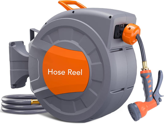Retractable Garden Hose Reel 1/2 in x 72 ft, Wall Mounted Water Hose with Automatic Slow Rewind, Any Length Lock, 180° Swivel Bracket, and 9-Function Sprayer