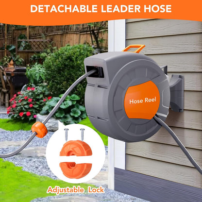 Retractable Garden Hose Reel 1/2 in x 72 ft, Wall Mounted Water Hose with Automatic Slow Rewind, Any Length Lock, 180° Swivel Bracket, and 9-Function Sprayer