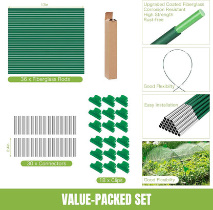 36 Pack 8ft Garden Hoops for Raised Beds, 6 Sets Fiberglass with PVC