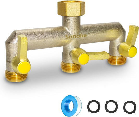 Garden Hose Splitter, Water Hose Splitter 3 Way Heavy Duty Brass Nickel Plated, Extended Metal Handle 3/4-Inch Hose Manifold, Rust and Freeze Resistant High Flow Outdoor Faucet Splitter