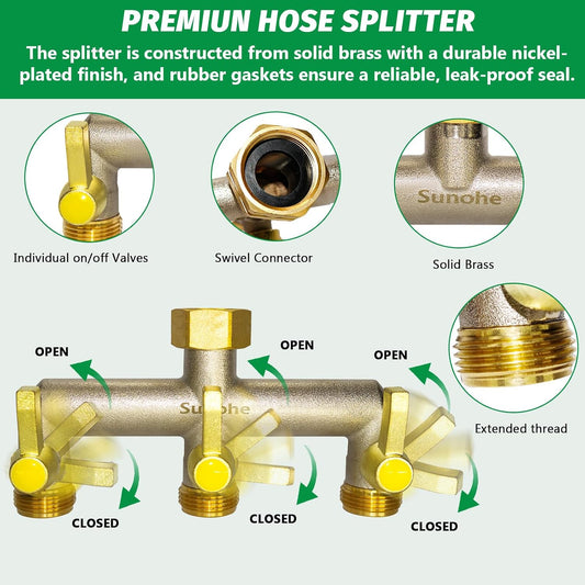 Garden Hose Splitter, Water Hose Splitter 3 Way Heavy Duty Brass Nickel Plated, Extended Metal Handle 3/4-Inch Hose Manifold, Rust and Freeze Resistant High Flow Outdoor Faucet Splitter