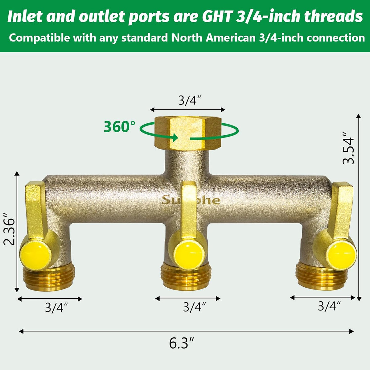 Garden Hose Splitter, Water Hose Splitter 3 Way Heavy Duty Brass Nickel Plated, Extended Metal Handle 3/4-Inch Hose Manifold, Rust and Freeze Resistant High Flow Outdoor Faucet Splitter