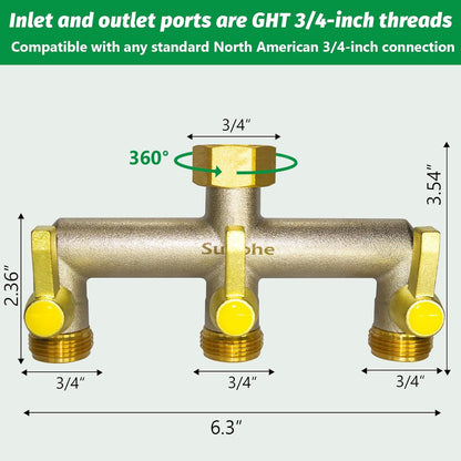 Garden Hose Splitter, Water Hose Splitter 3 Way Heavy Duty Brass Nickel Plated, Extended Metal Handle 3/4-Inch Hose Manifold, Rust and Freeze Resistant High Flow Outdoor Faucet Splitter