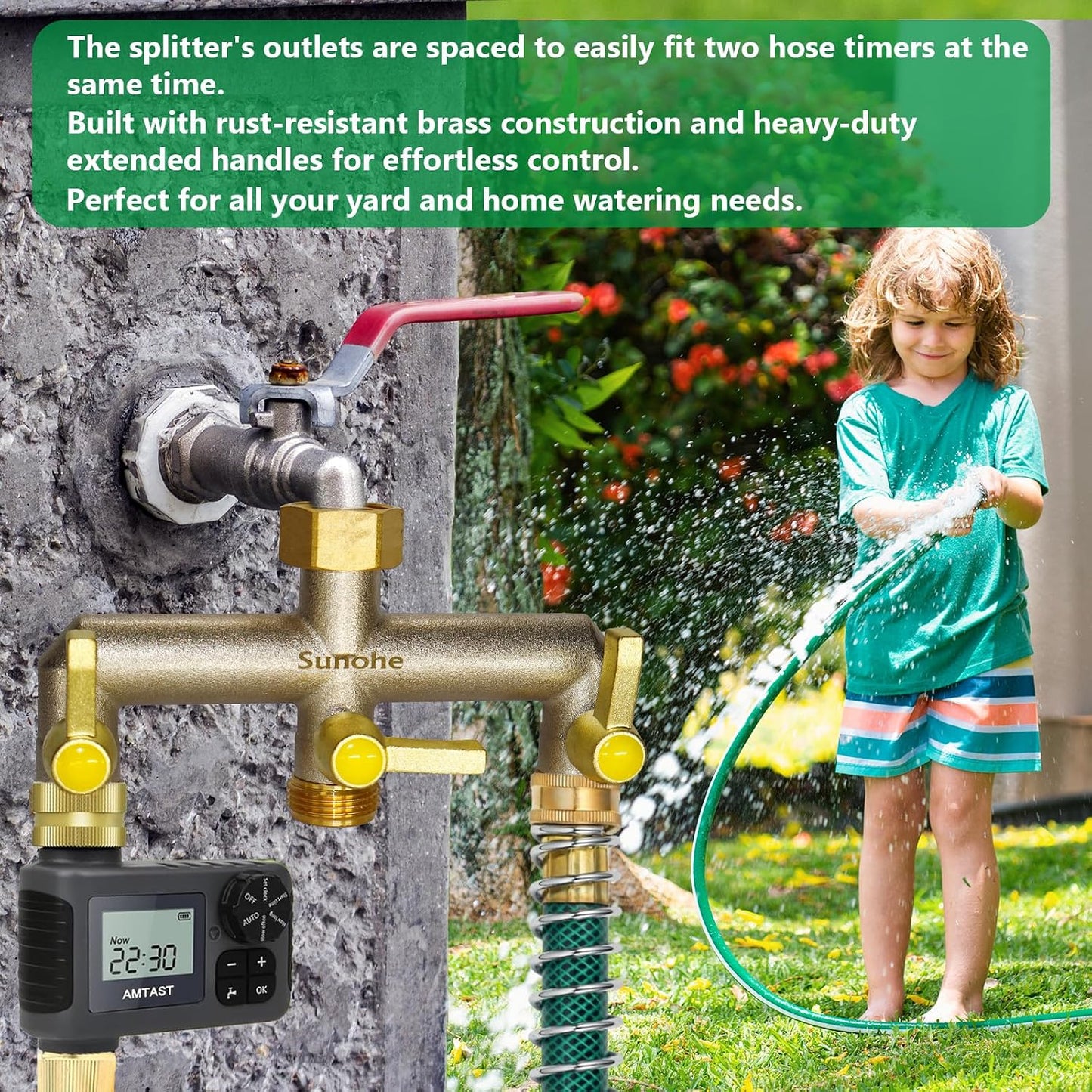 Garden Hose Splitter, Water Hose Splitter 3 Way Heavy Duty Brass Nickel Plated, Extended Metal Handle 3/4-Inch Hose Manifold, Rust and Freeze Resistant High Flow Outdoor Faucet Splitter