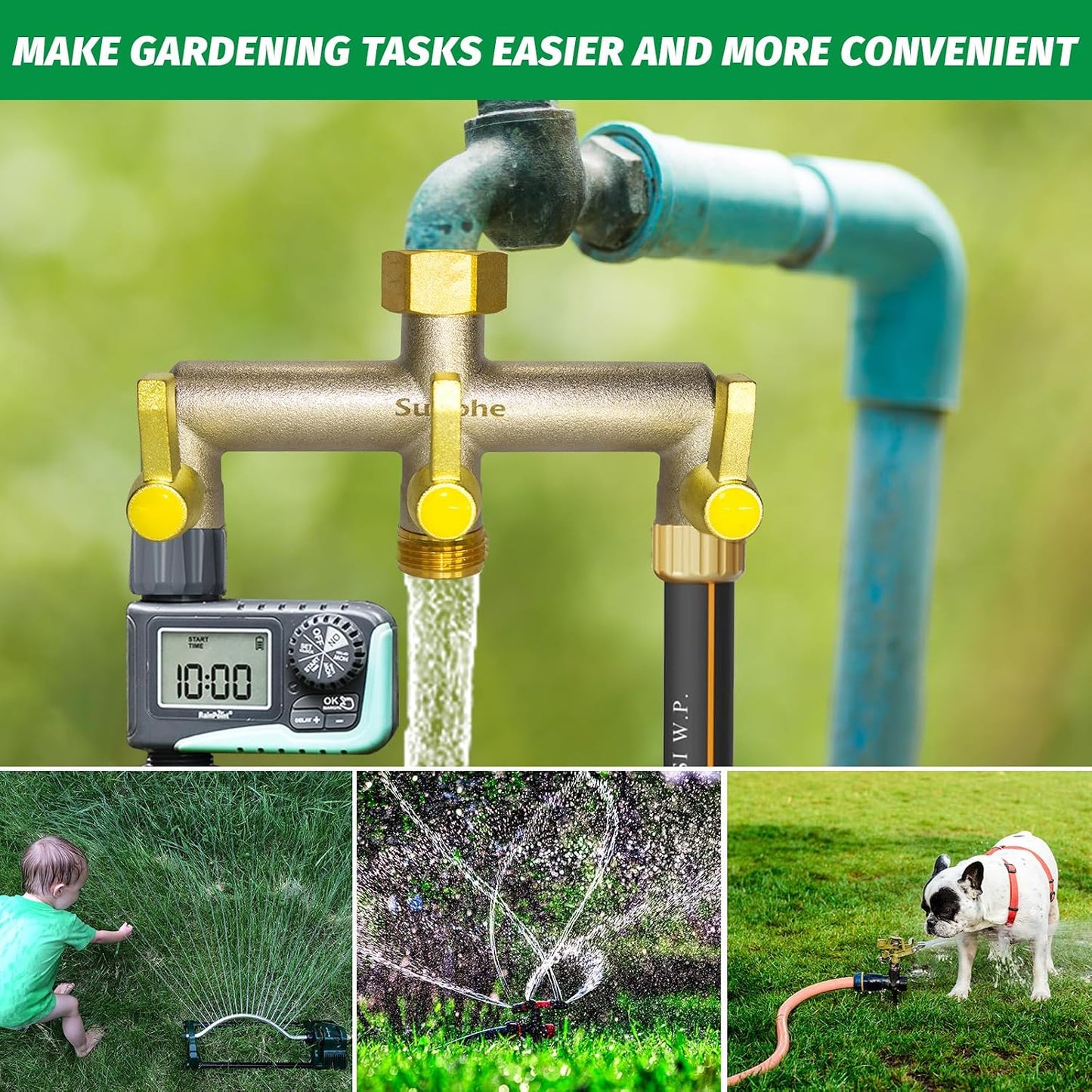 Garden Hose Splitter, Water Hose Splitter 3 Way Heavy Duty Brass Nickel Plated, Extended Metal Handle 3/4-Inch Hose Manifold, Rust and Freeze Resistant High Flow Outdoor Faucet Splitter