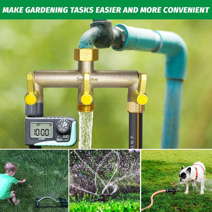 Garden Hose Splitter, Water Hose Splitter 3 Way Heavy Duty Brass Nickel Plated, Extended Metal Handle 3/4-Inch Hose Manifold, Rust and Freeze Resistant High Flow Outdoor Faucet Splitter