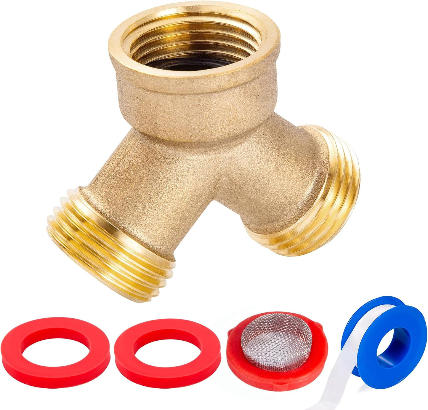 Solid Brass Lead-Free Body Backyard 2 Way Y Valve Garden Hose Connector MHT 3/4 Inch Thread Splitter Adapter,2 Silicone Hose Washers&1 Gasket with Screen&Teflon Tape