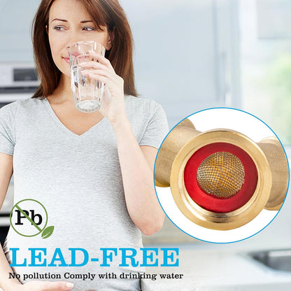 Solid Brass Lead-Free Body Backyard 2 Way Y Valve Garden Hose Connector MHT 3/4 Inch Thread Splitter Adapter,2 Silicone Hose Washers&1 Gasket with Screen&Teflon Tape