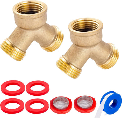 Solid Brass Lead-Free Body Backyard 2 Way Y Valve Garden Hose Connector MHT 3/4 Inch Thread Splitter Adapter,2 Silicone Hose Washers&1 Gasket with Screen&Teflon Tape