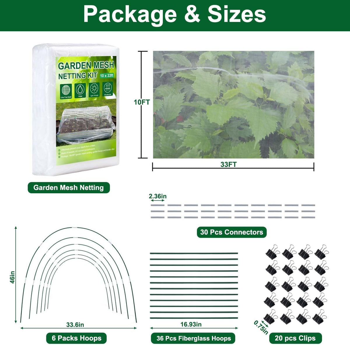 Garden Netting Kit for Raised Beds, 10x33ft Ultra Fine Mesh Netting