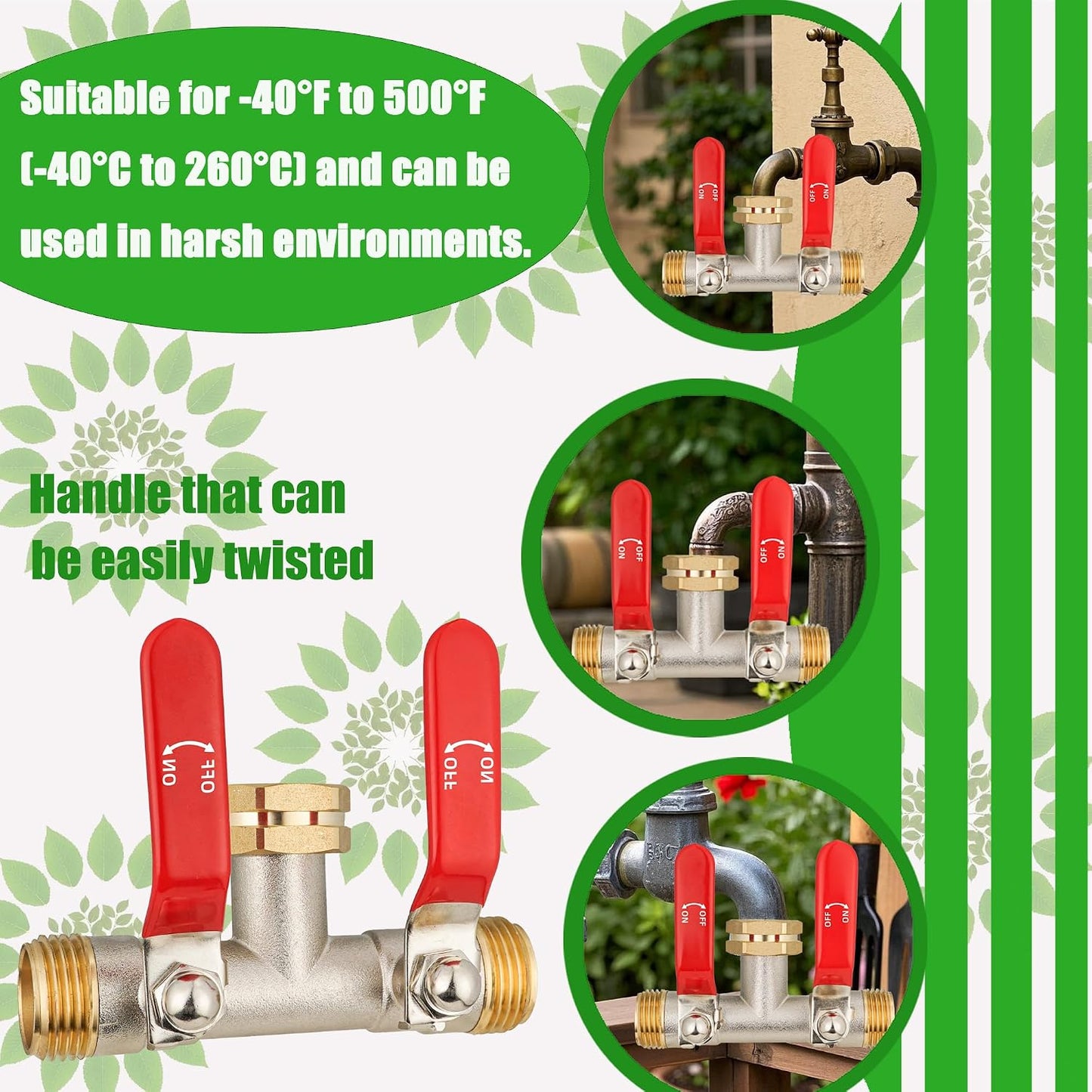Hose Splitter 2 Way, Garden Hose Splitters, 2 Way Faucet Splitter, Water Spigot Splitter, RV Brass Hose Splitter, Two way Hose Bib Splitter, Double Hose Connector, Hose Valve 3/4 Inch GHT Thread.