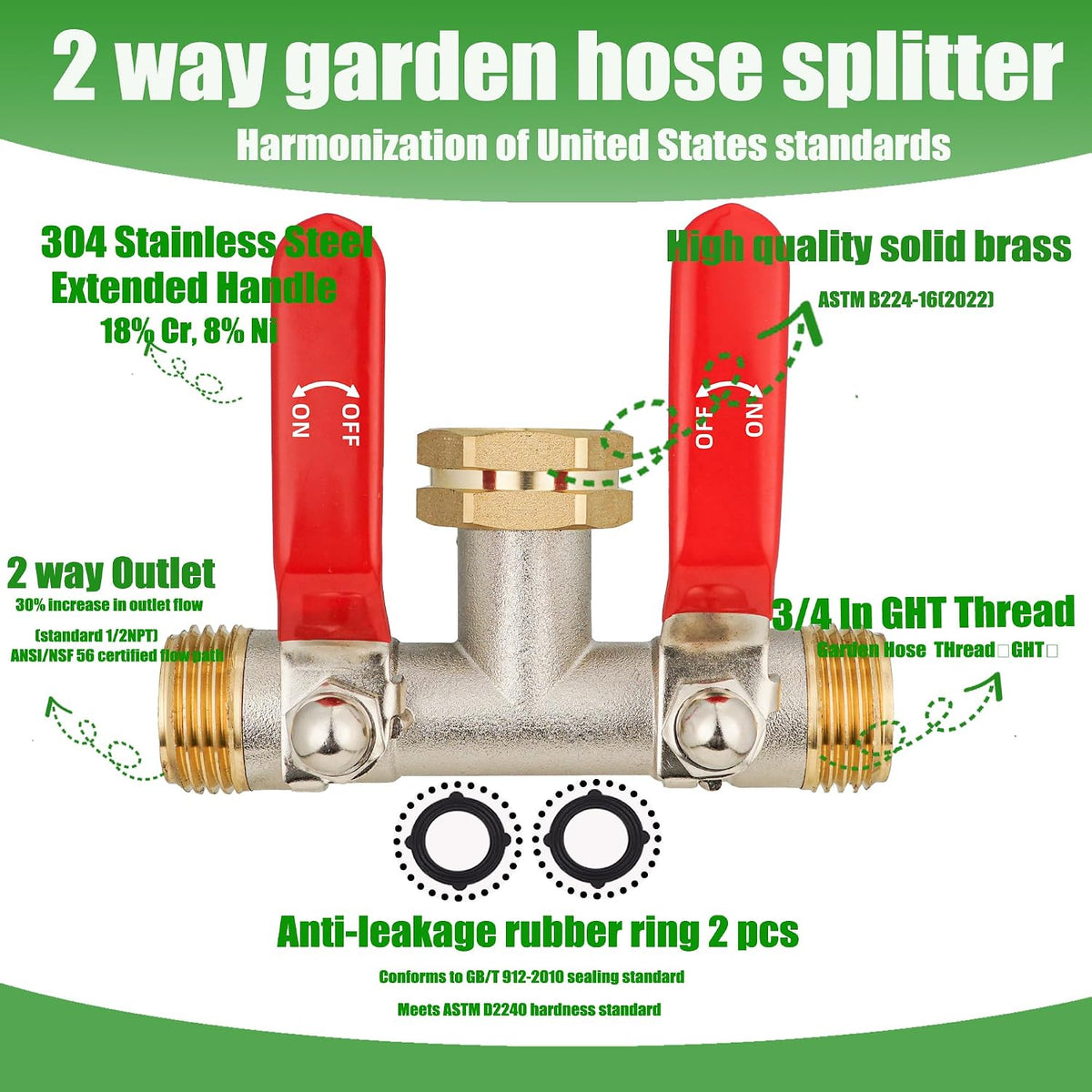 Hose Splitter 2 Way, Garden Hose Splitters, 2 Way Faucet Splitter, Water Spigot Splitter, RV Brass Hose Splitter, Two way Hose Bib Splitter, Double Hose Connector, Hose Valve 3/4 Inch GHT Thread.