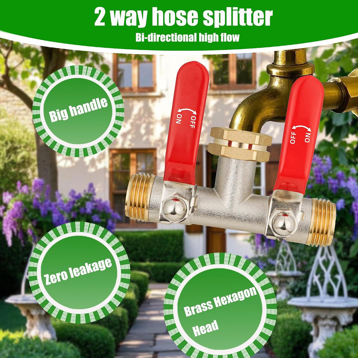 Hose Splitter 2 Way, Garden Hose Splitters, 2 Way Faucet Splitter, Water Spigot Splitter, RV Brass Hose Splitter, Two way Hose Bib Splitter, Double Hose Connector, Hose Valve 3/4 Inch GHT Thread.
