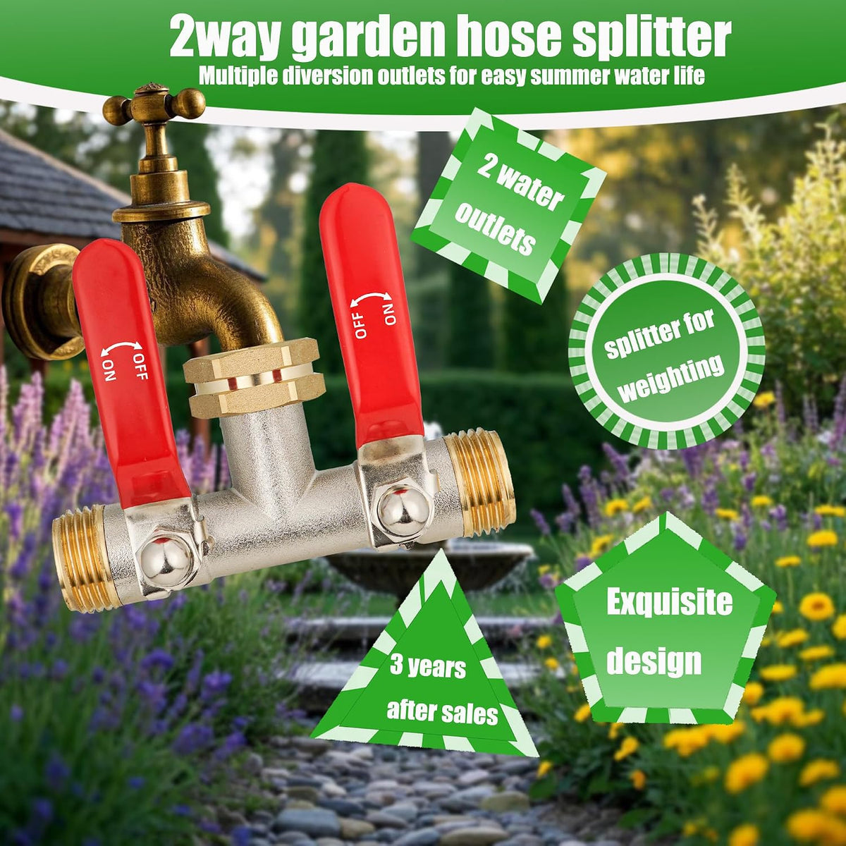 Hose Splitter 2 Way, Garden Hose Splitters, 2 Way Faucet Splitter, Water Spigot Splitter, RV Brass Hose Splitter, Two way Hose Bib Splitter, Double Hose Connector, Hose Valve 3/4 Inch GHT Thread.