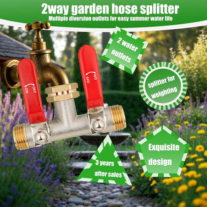 Hose Splitter 2 Way, Garden Hose Splitters, 2 Way Faucet Splitter, Water Spigot Splitter, RV Brass Hose Splitter, Two way Hose Bib Splitter, Double Hose Connector, Hose Valve 3/4 Inch GHT Thread.