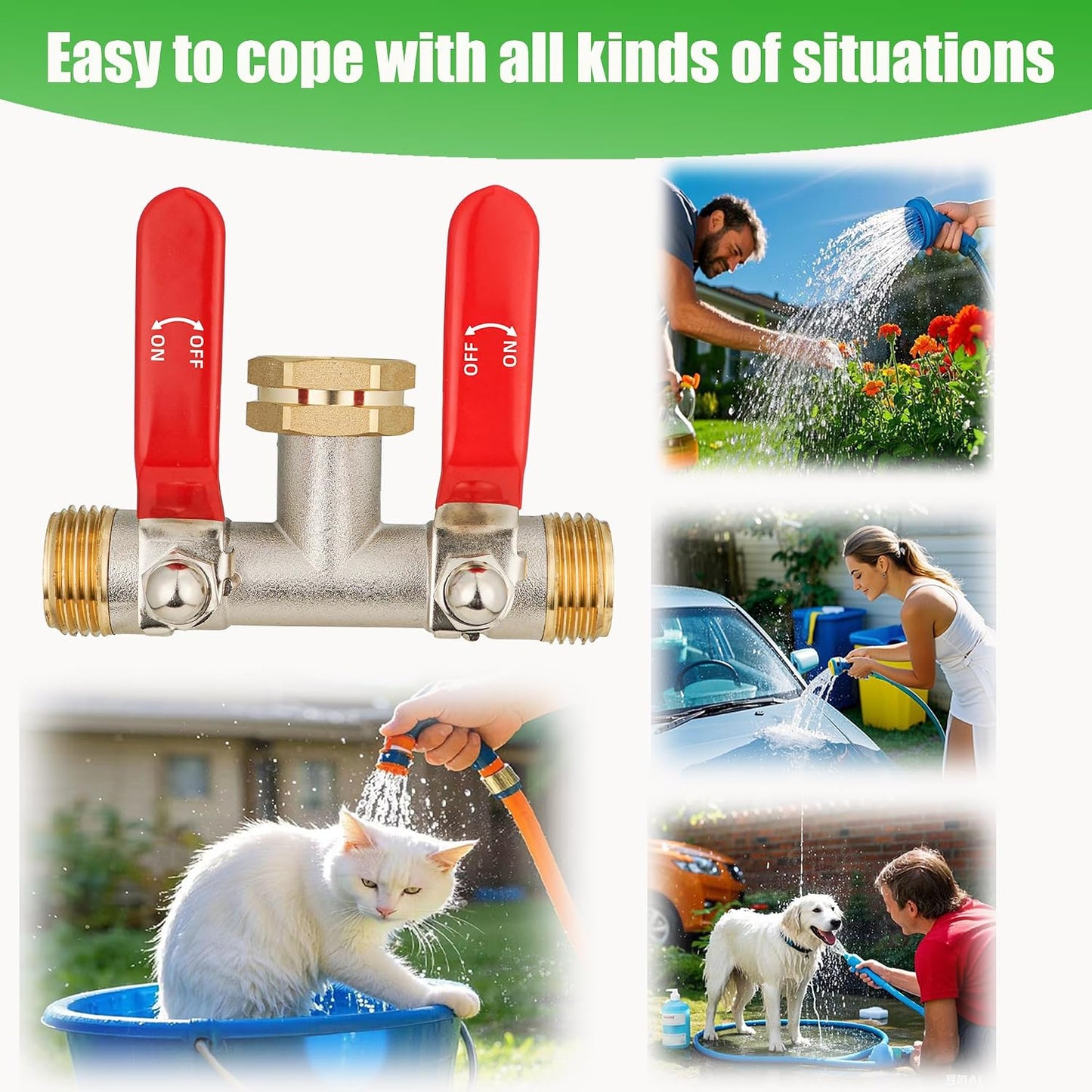 Hose Splitter 2 Way, Garden Hose Splitters, 2 Way Faucet Splitter, Water Spigot Splitter, RV Brass Hose Splitter, Two way Hose Bib Splitter, Double Hose Connector, Hose Valve 3/4 Inch GHT Thread.