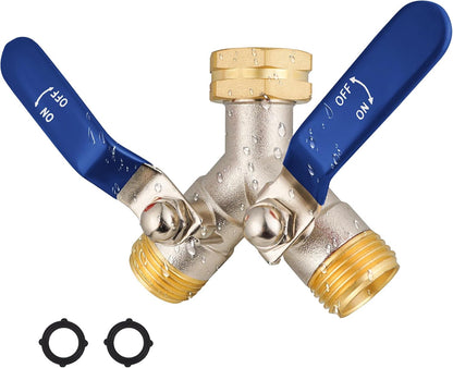 Hose Splitter 2 Way, Garden Hose Splitters, 2 Way Faucet Splitter, Water Spigot Splitter, RV Brass Hose Splitter, Two way Hose Bib Splitter, Double Hose Connector, Hose Valve 3/4 Inch GHT Thread.