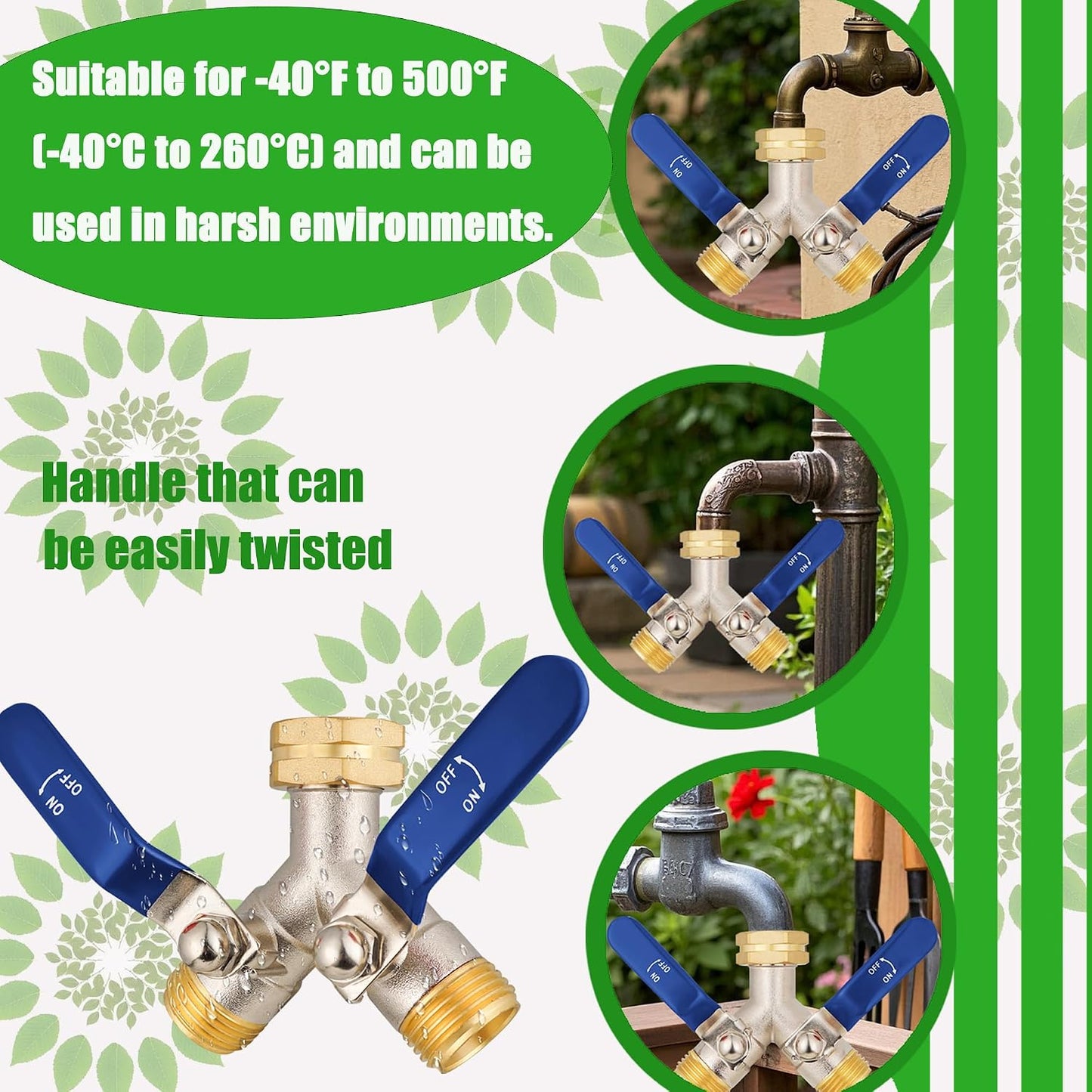 Hose Splitter 2 Way, Garden Hose Splitters, 2 Way Faucet Splitter, Water Spigot Splitter, RV Brass Hose Splitter, Two way Hose Bib Splitter, Double Hose Connector, Hose Valve 3/4 Inch GHT Thread.