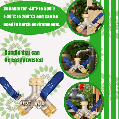 Hose Splitter 2 Way, Garden Hose Splitters, 2 Way Faucet Splitter, Water Spigot Splitter, RV Brass Hose Splitter, Two way Hose Bib Splitter, Double Hose Connector, Hose Valve 3/4 Inch GHT Thread.